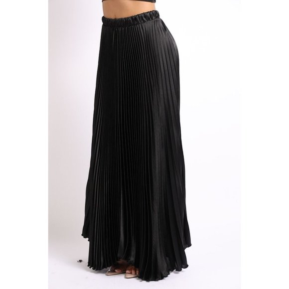 Women's Elastic High Waist A-Line Pleated Satin Maxi Skirt Formal Prom Party - Picture 6 of 10